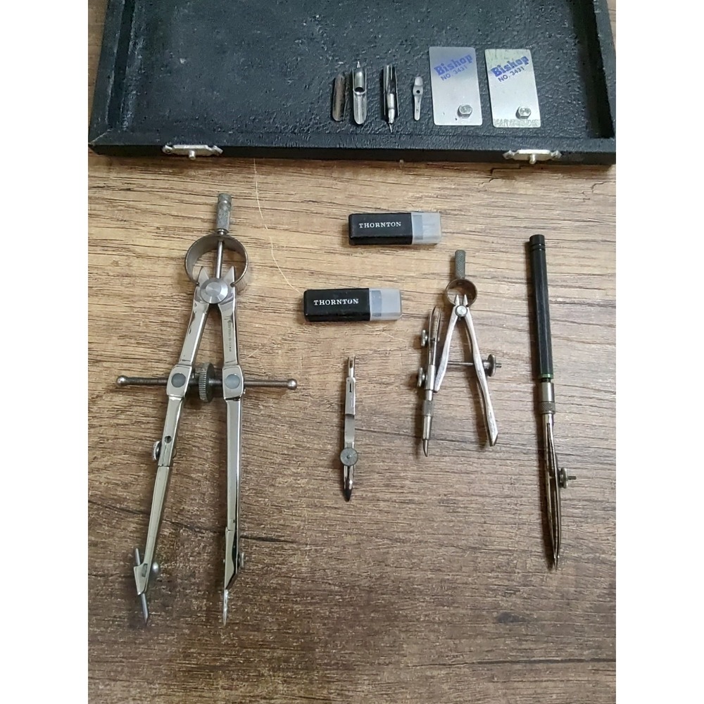 THORNTON Vintage Drafting Compass Case And Tool Lot